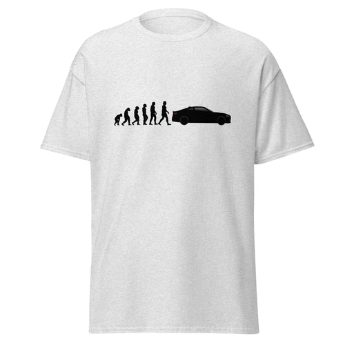 Evolution of man to BMW M4 sports car graphic t-shirt
