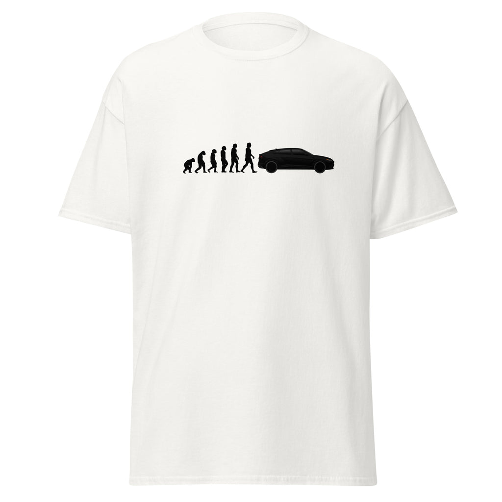 Evolution of man to sports car graphic t-shirt