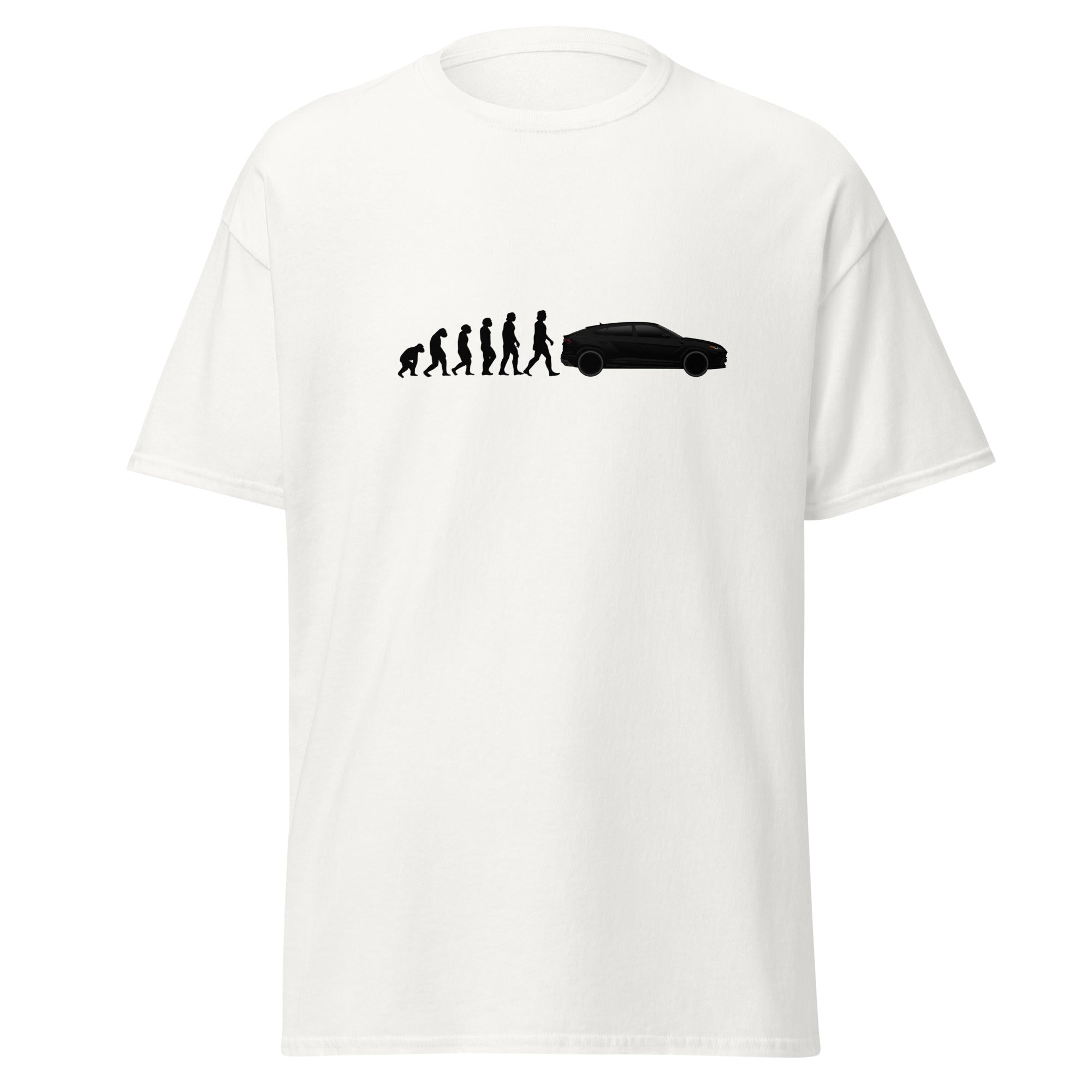 Evolution of man to sports car graphic t-shirt