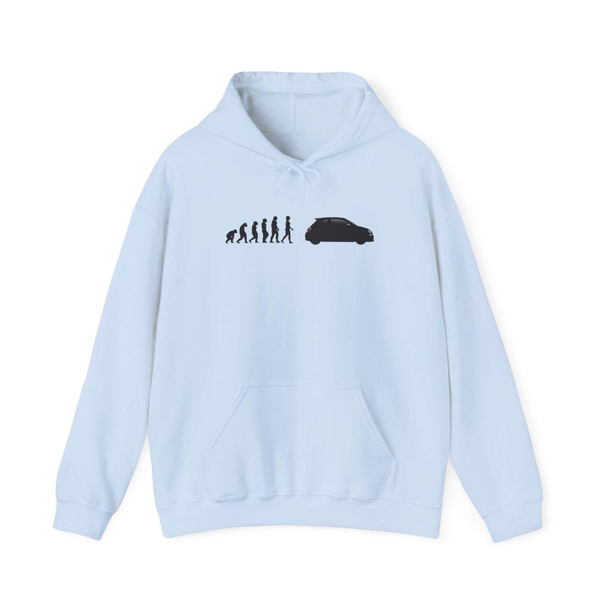Abarth 595 hoodie by From Stone To Steel, Light Blue: ape to human to Abarth 595 car evolution print
