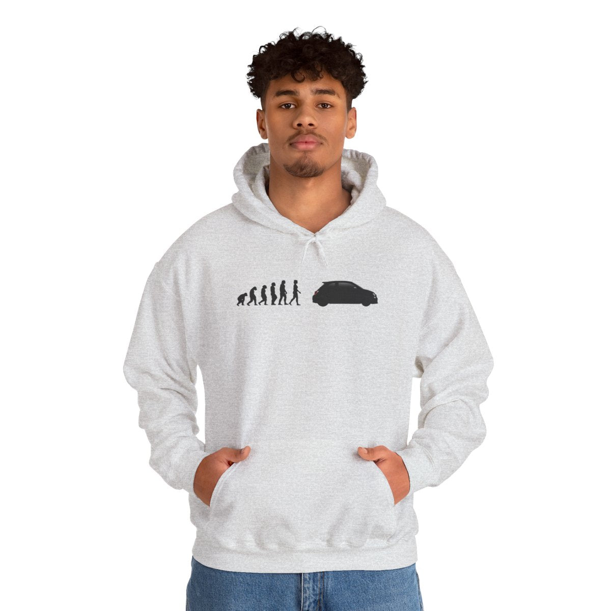 Abarth 595 hoodie by From Stone To Steel, worn by a model: ape to human to Abarth 595 car evolution print
