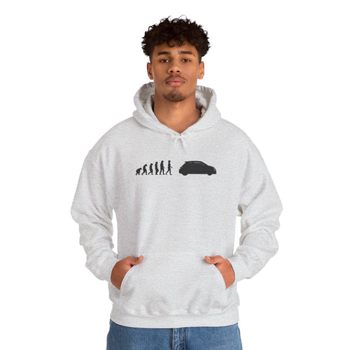 Abarth 595 hoodie by From Stone To Steel, worn by a model: ape to human to Abarth 595 car evolution print
