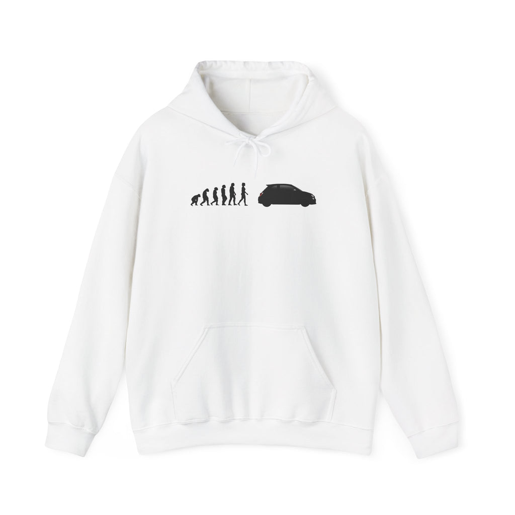 Abarth 595 hoodie by From Stone To Steel, White: ape to human to Abarth 595 car evolution print