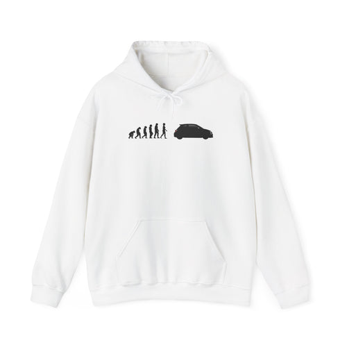 Abarth 595 hoodie by From Stone To Steel, White: ape to human to Abarth 595 car evolution print