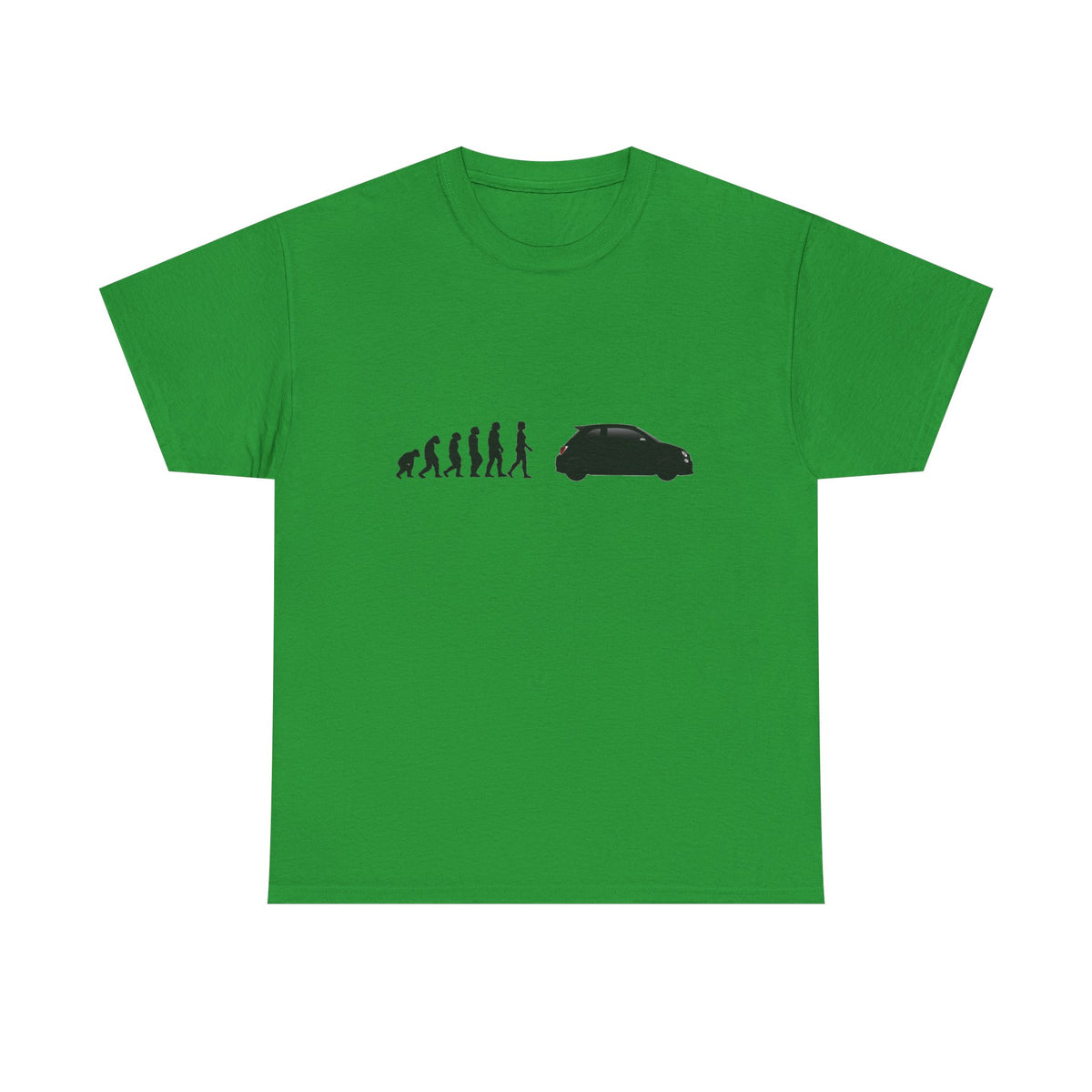 Abarth 595 t-shirt by From Stone To Steel, Irish Green: ape to human to Abarth 595 car evolution print