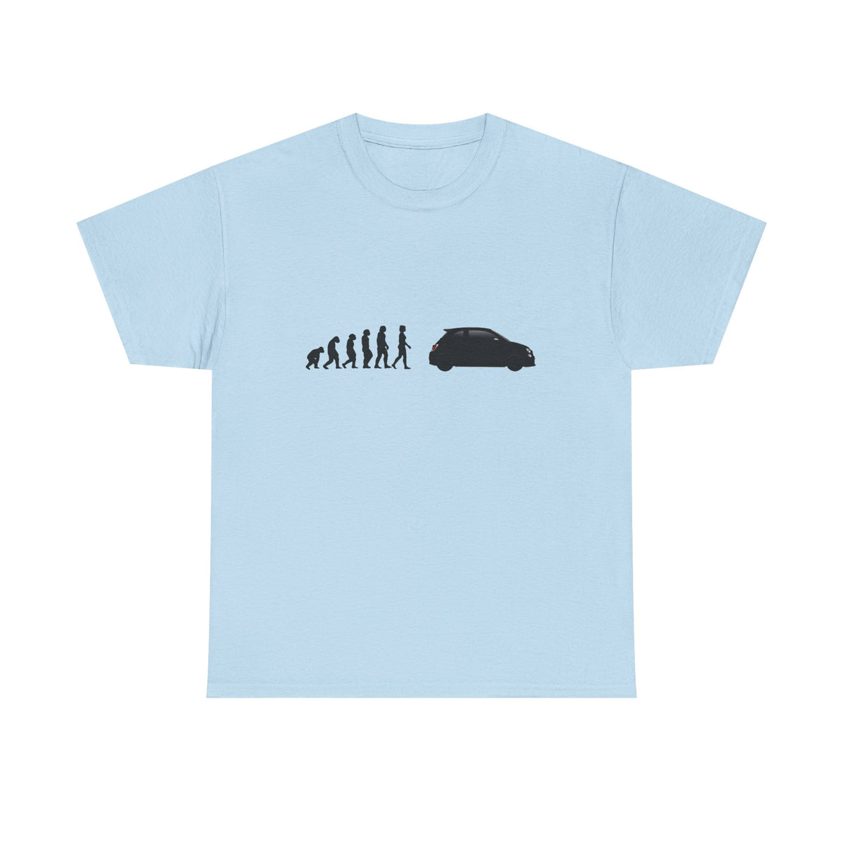 Abarth 595 t-shirt by From Stone To Steel, Light Blue: ape to human to Abarth 595 car evolution print