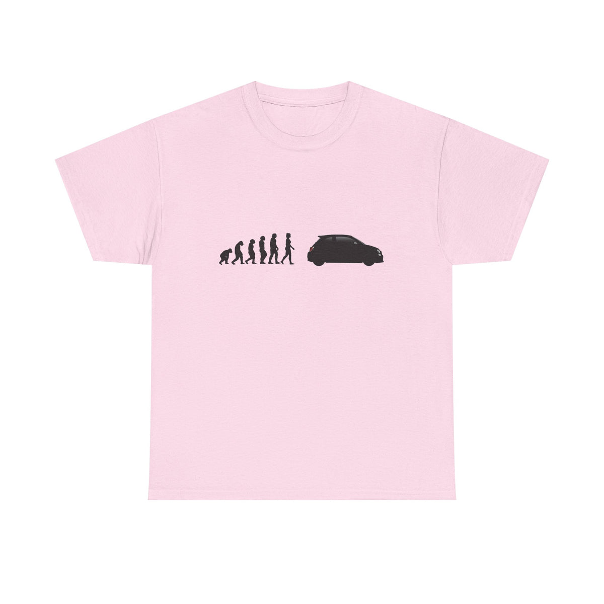 Abarth 595 t-shirt by From Stone To Steel, Light Pink: ape to human to Abarth 595 car evolution print