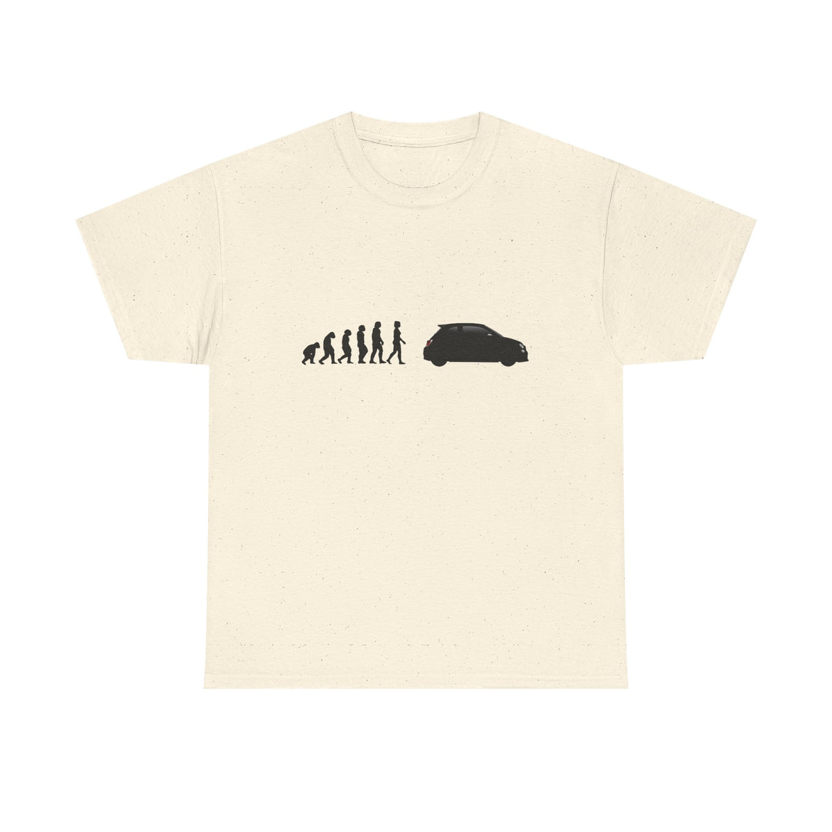 Abarth 595 t-shirt by From Stone To Steel, Natural: ape to human to Abarth 595 car evolution print
