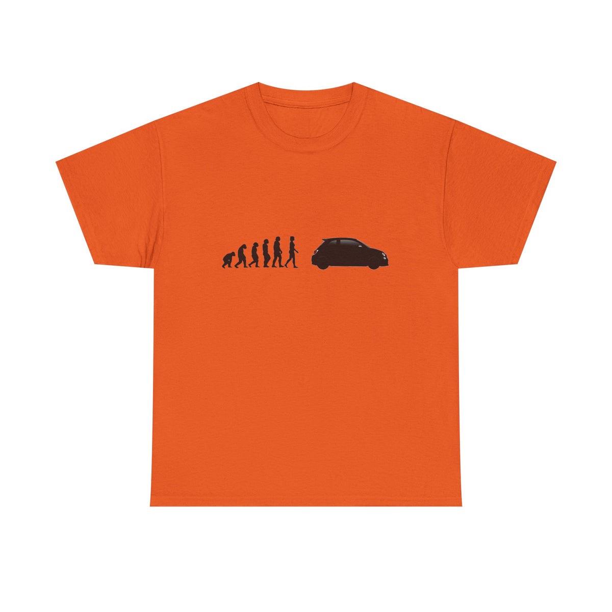 Abarth 595 t-shirt by From Stone To Steel, Orange: ape to human to Abarth 595 car evolution print