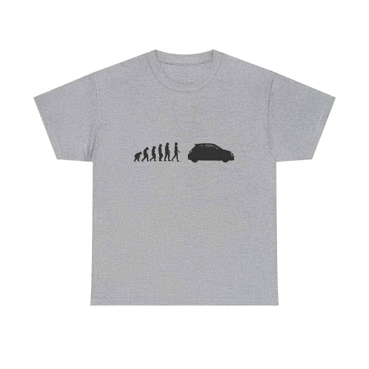 Abarth 595 t-shirt by From Stone To Steel, Sport Grey: ape to human to Abarth 595 car evolution print