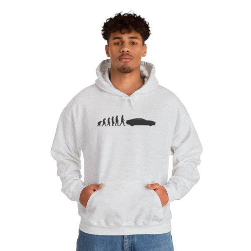 Aston Martin Vanquish hoodie by From Stone To Steel, worn by a model: ape to human to Aston Martin Vanquish car evolution print