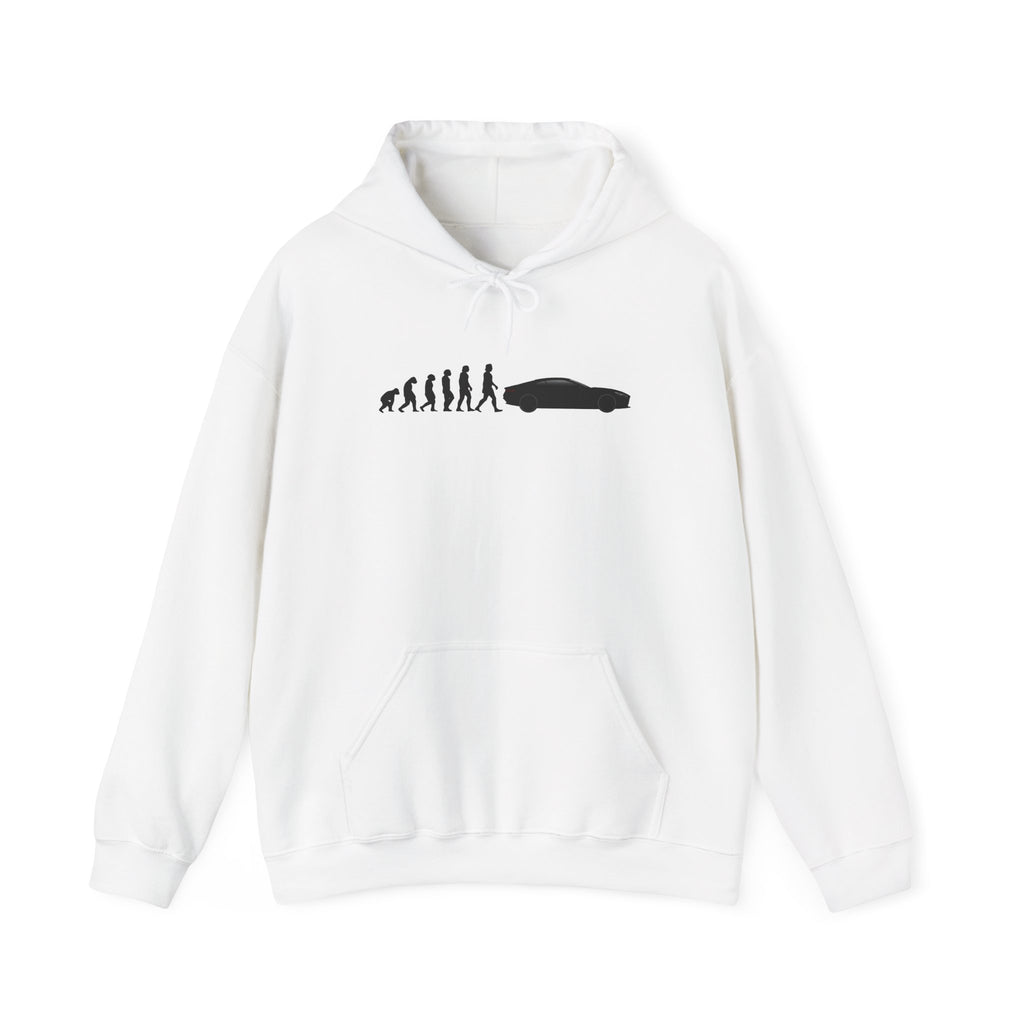 Aston Martin Vanquish hoodie by From Stone To Steel, White: ape to human to Aston Martin Vanquish car evolution print