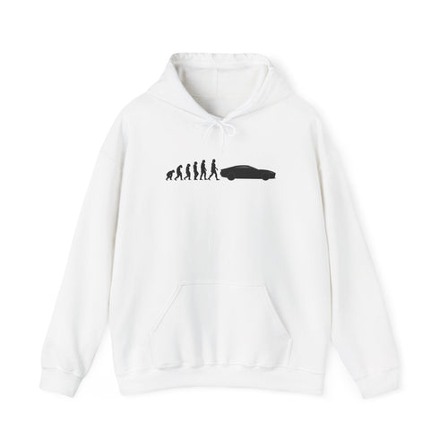 Aston Martin Vanquish hoodie by From Stone To Steel, White: ape to human to Aston Martin Vanquish car evolution print