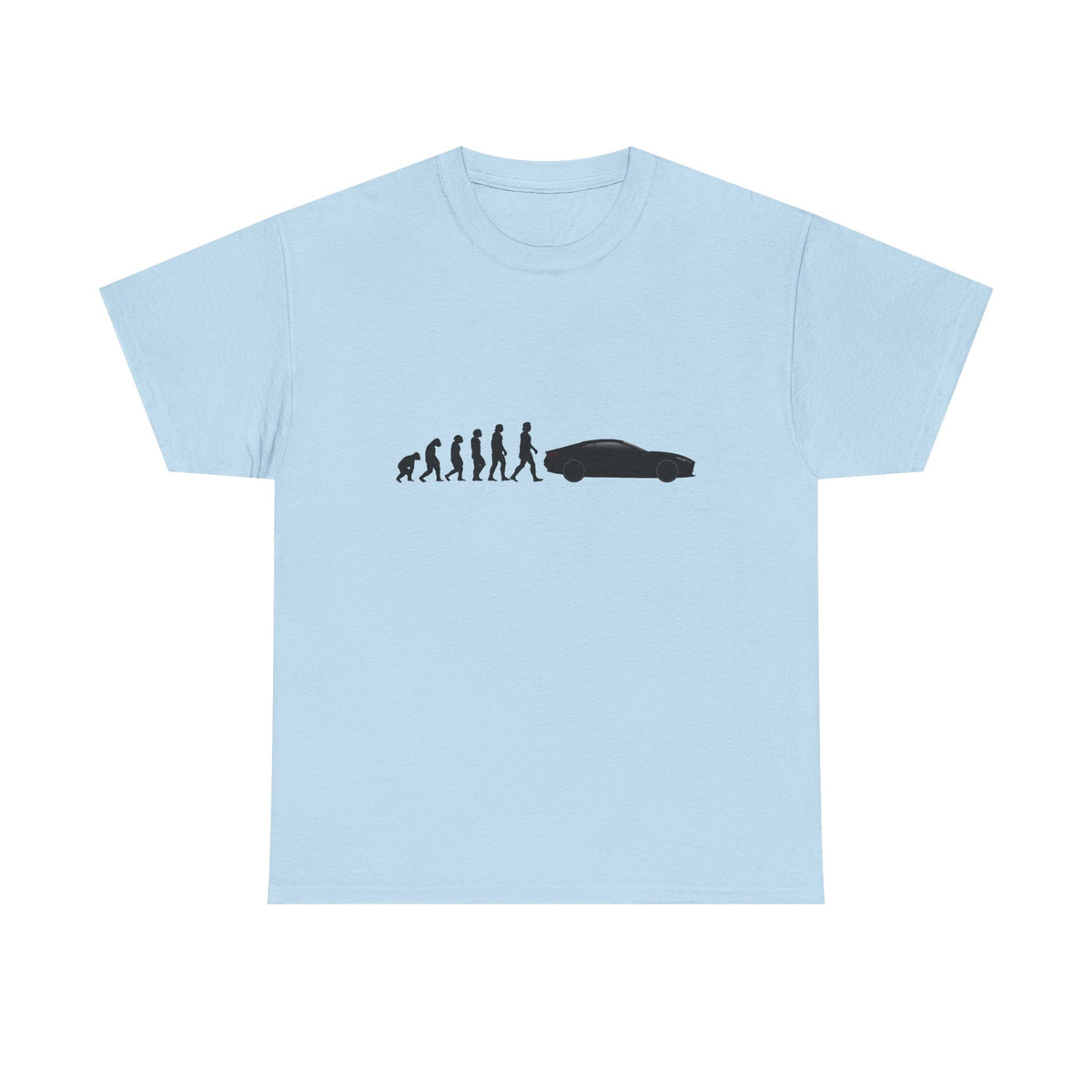 Aston Martin Vanquish t-shirt by From Stone To Steel, Light Blue: ape to human to Aston Martin Vanquish car evolution print