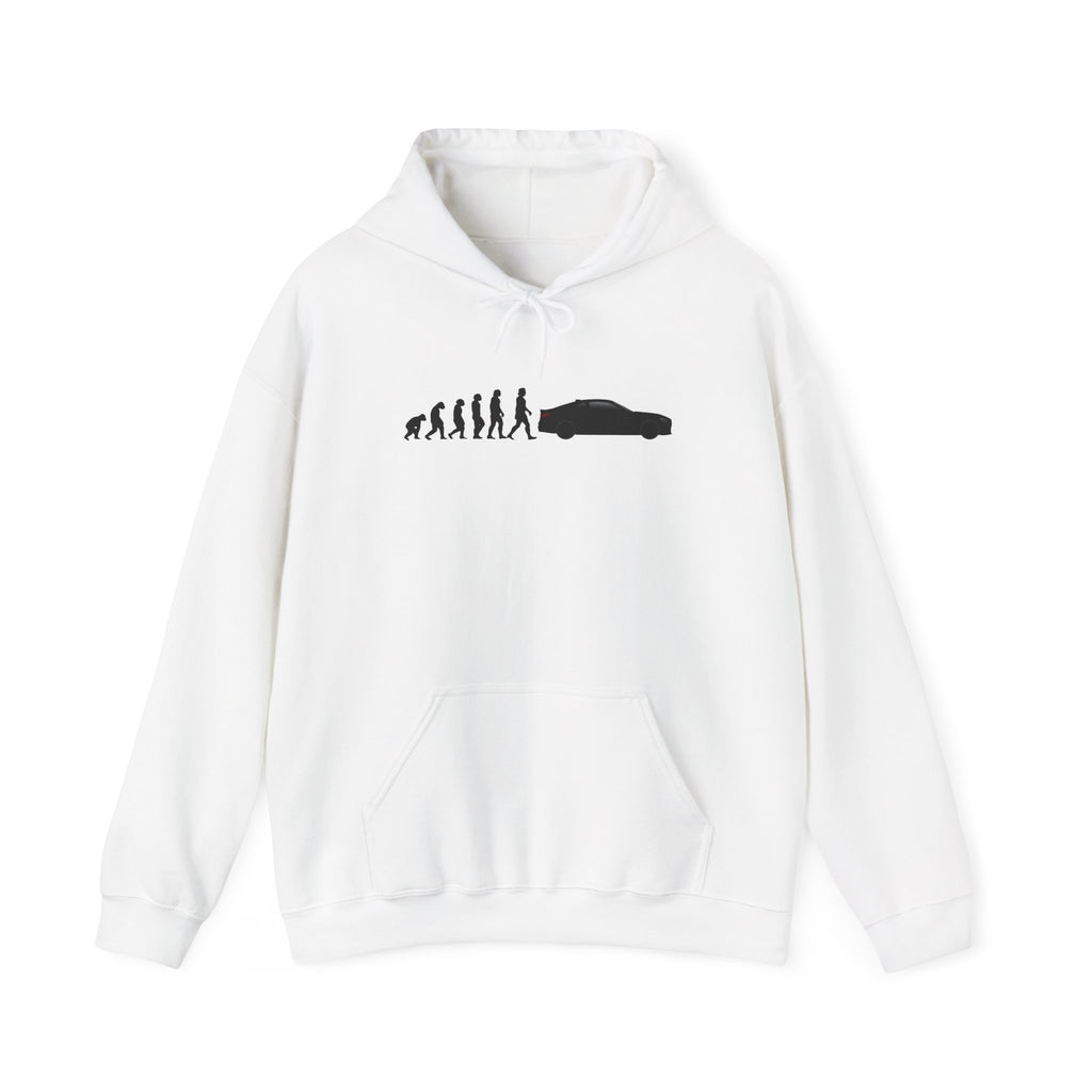 BMW M4 hoodie by From Stone To Steel, White: ape to human to BMW M4 car evolution print