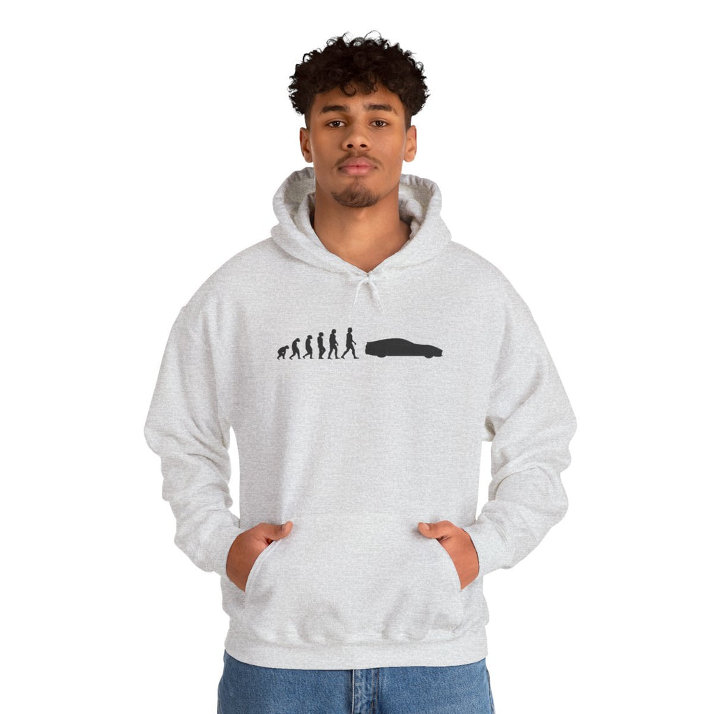 Ferrari 812 Superfast hoodie by From Stone To Steel, worn by a model: ape to human to Ferrari 812 Superfast car evolution print