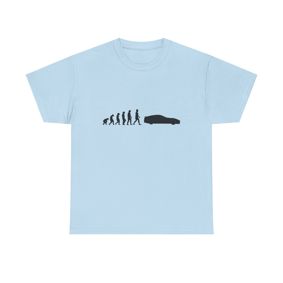 Ferrari 812 Superfast t-shirt by From Stone To Steel, Light Blue: ape to human to Ferrari 812 Superfast car evolution print