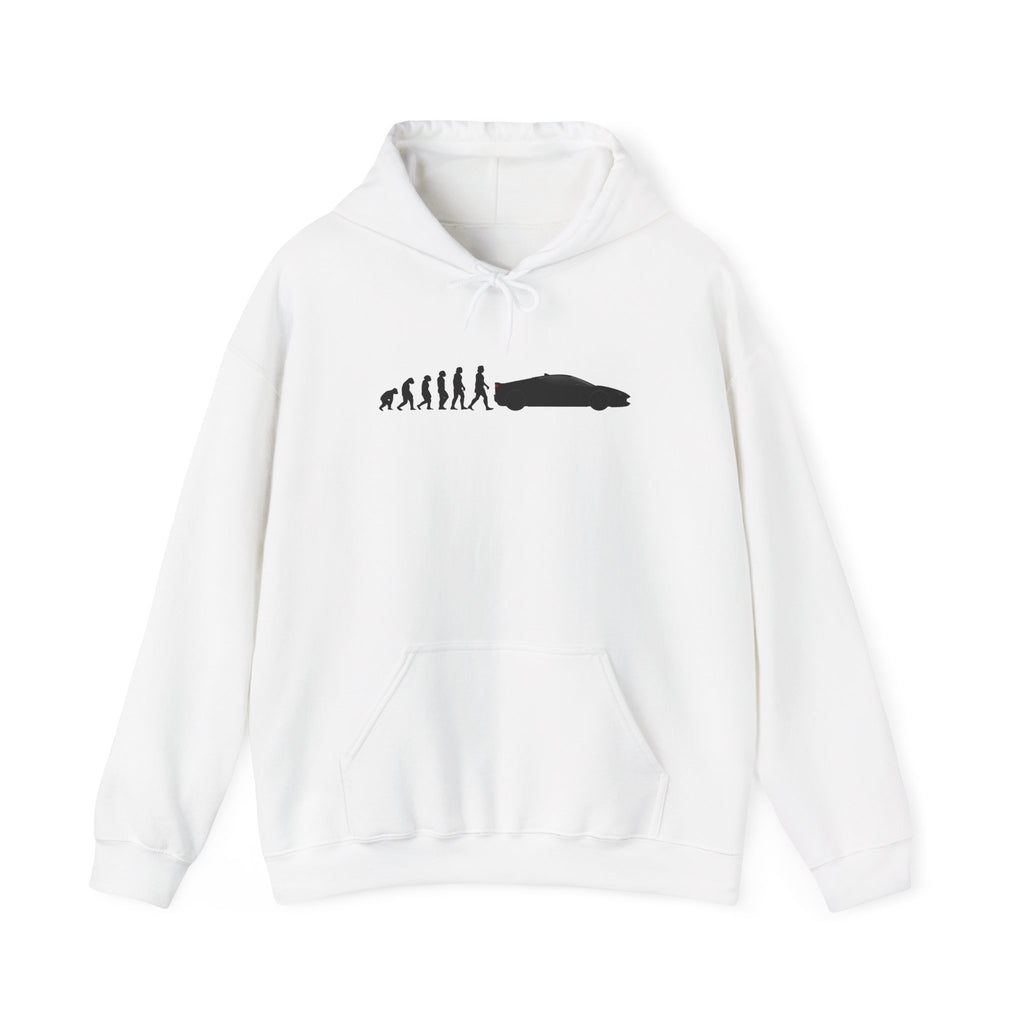 Ferrari SF90 Stradale hoodie by From Stone To Steel, White: ape to human to Ferrari SF90 Stradale car evolution print