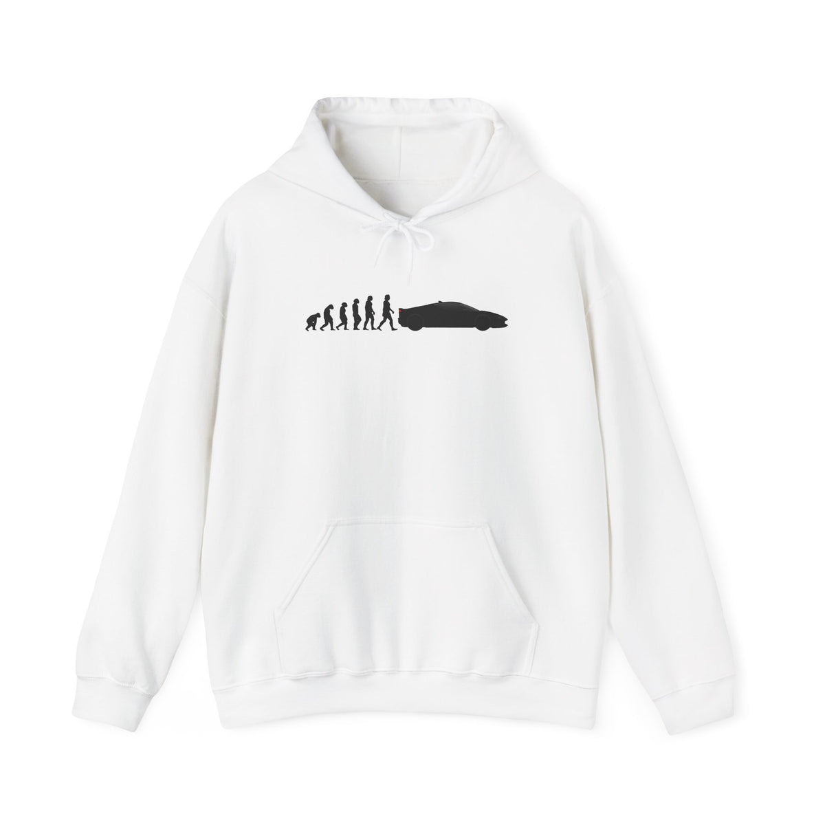 Ferrari SF90 Stradale hoodie by From Stone To Steel, White: ape to human to Ferrari SF90 Stradale car evolution print