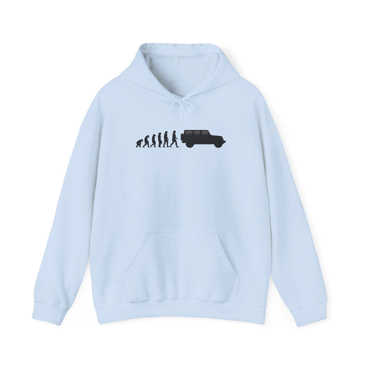 Jeep Wrangler hoodie by From Stone To Steel, Light Blue: ape to human to Jeep Wrangler car evolution print