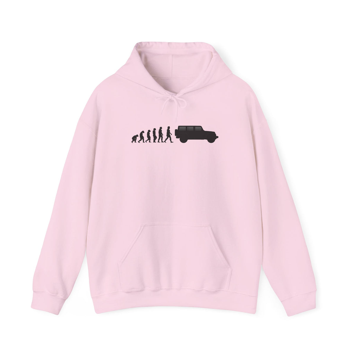Jeep Wrangler hoodie by From Stone To Steel, Light Pink: ape to human to Jeep Wrangler car evolution print
