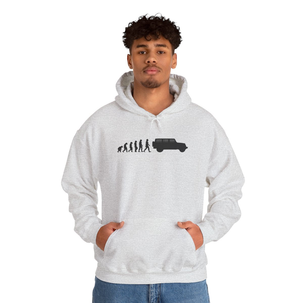 Jeep Wrangler hoodie by From Stone To Steel, worn by a model: ape to human to Jeep Wrangler car evolution print