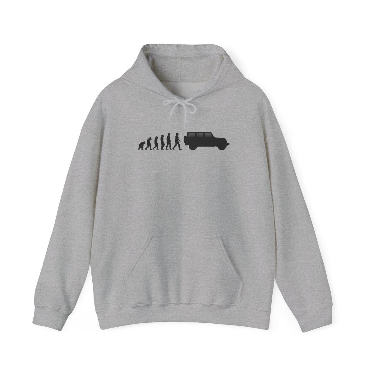 Jeep Wrangler hoodie by From Stone To Steel, Sport Grey: ape to human to Jeep Wrangler car evolution print