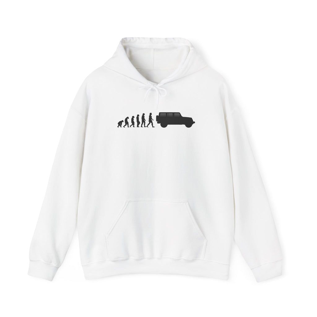 Jeep Wrangler hoodie by From Stone To Steel, White: ape to human to Jeep Wrangler car evolution print