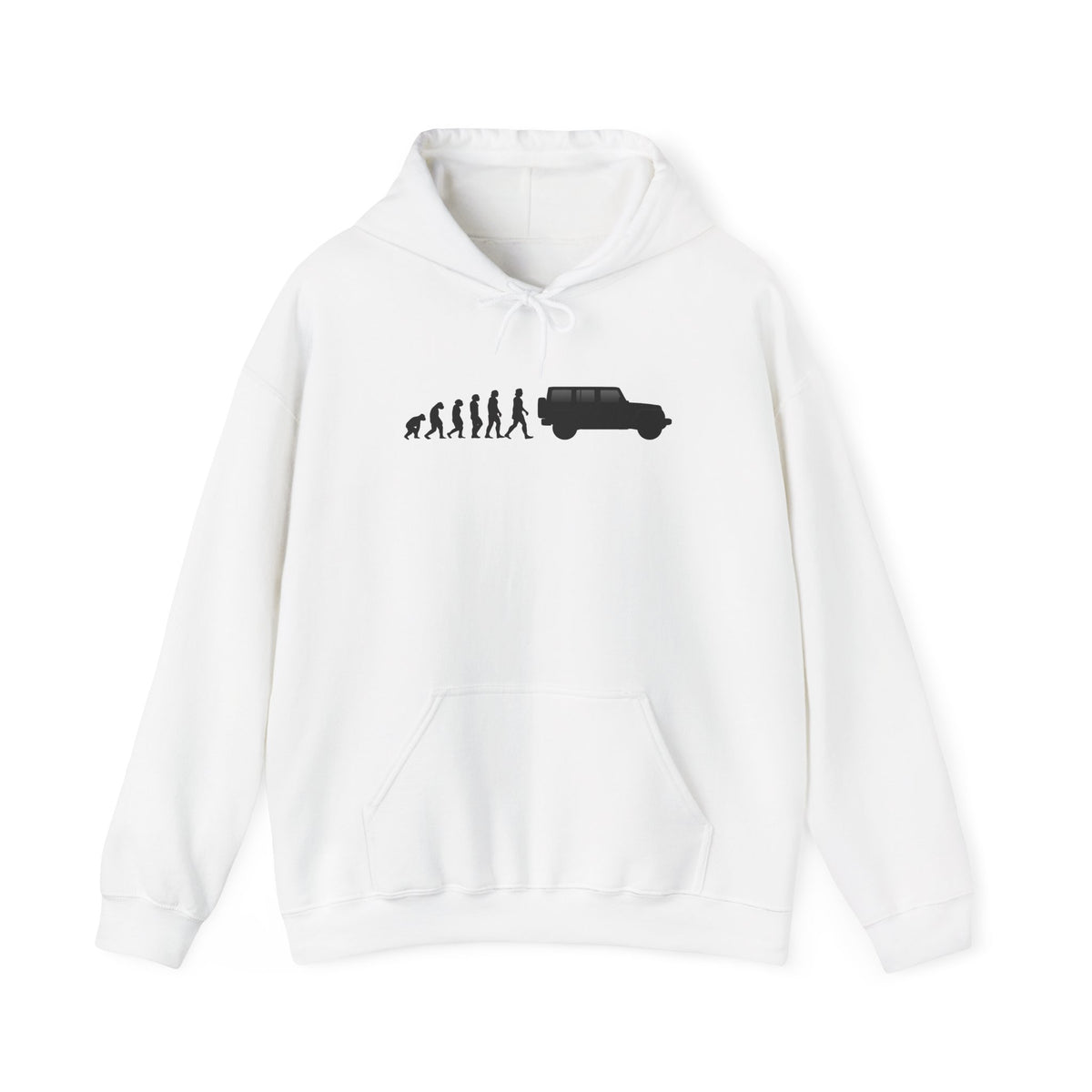 Jeep Wrangler hoodie by From Stone To Steel, White: ape to human to Jeep Wrangler car evolution print
