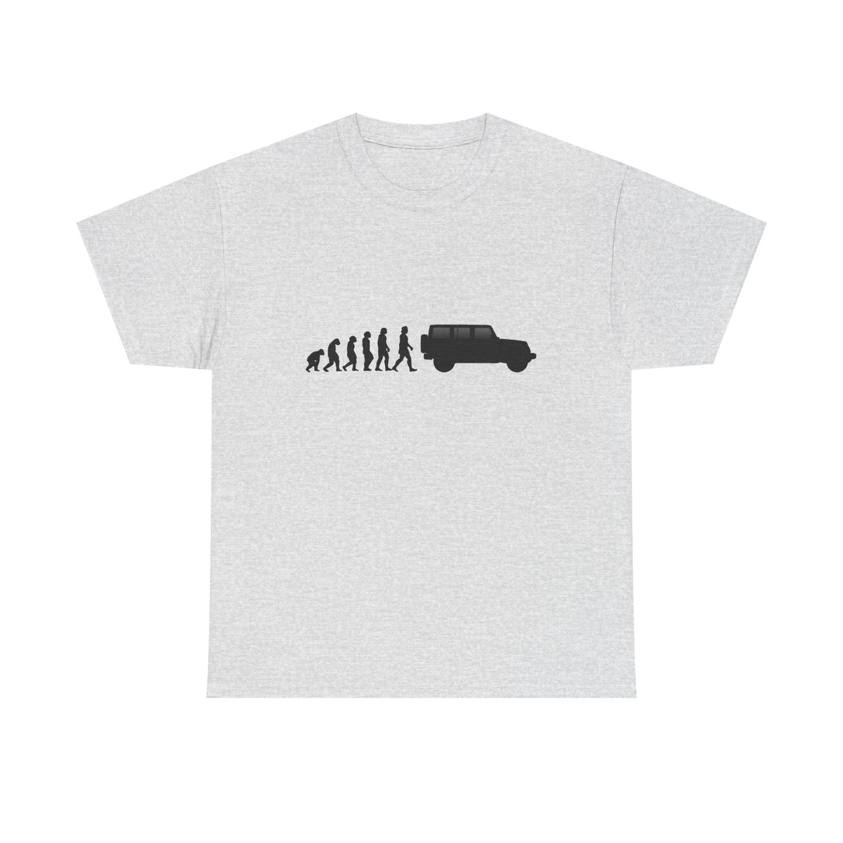 Jeep Wrangler t-shirt by From Stone To Steel, Ash: ape to human to Jeep Wrangler car evolution print