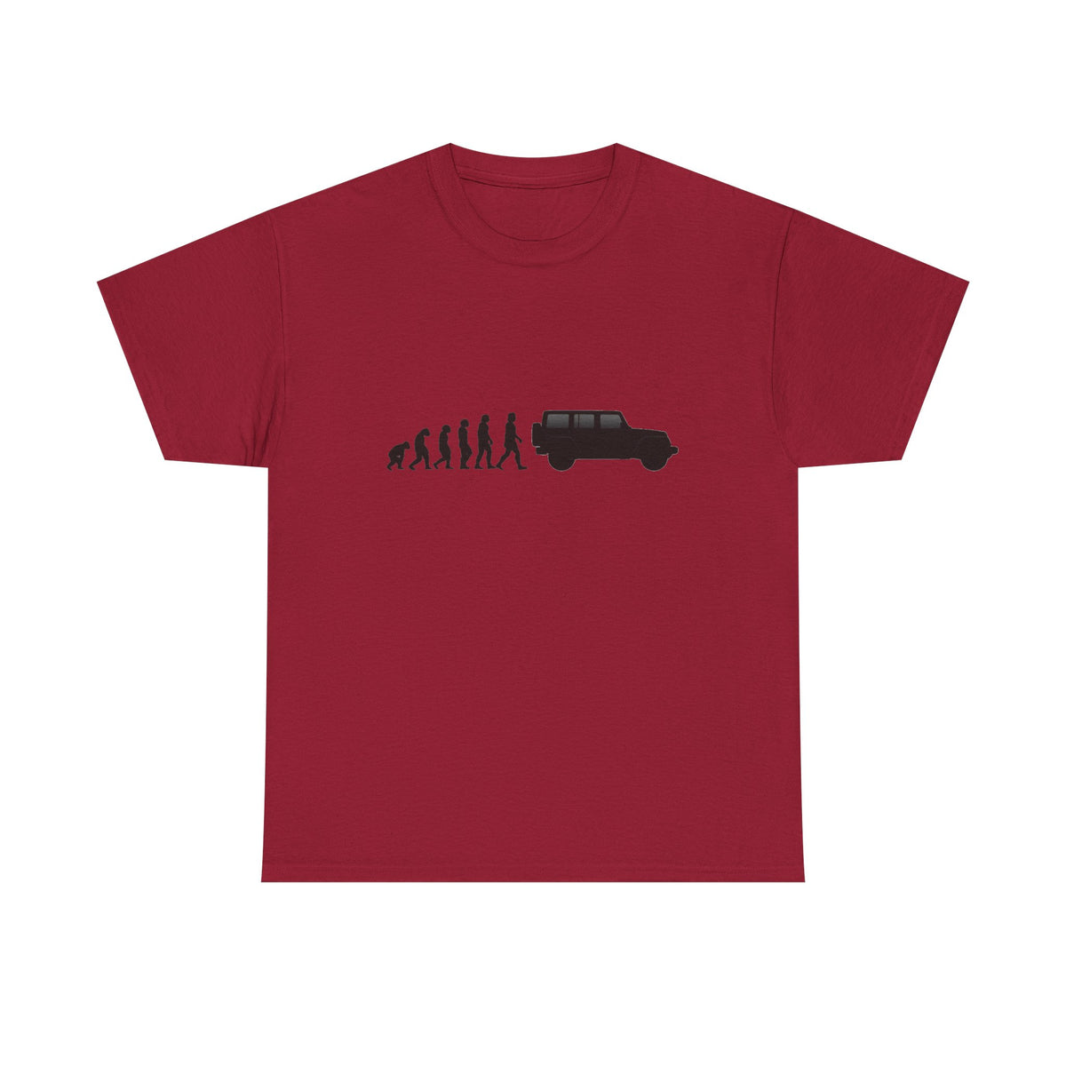 Jeep Wrangler t-shirt by From Stone To Steel, Cardinal Red: ape to human to Jeep Wrangler car evolution print