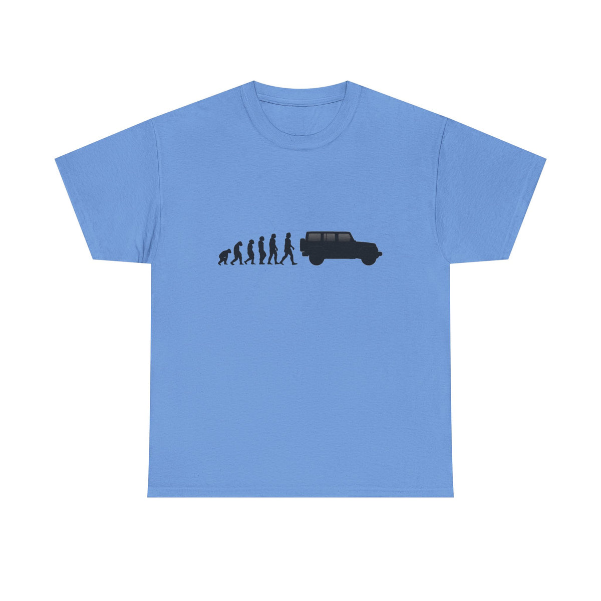 Jeep Wrangler t-shirt by From Stone To Steel, Carolina Blue: ape to human to Jeep Wrangler car evolution print