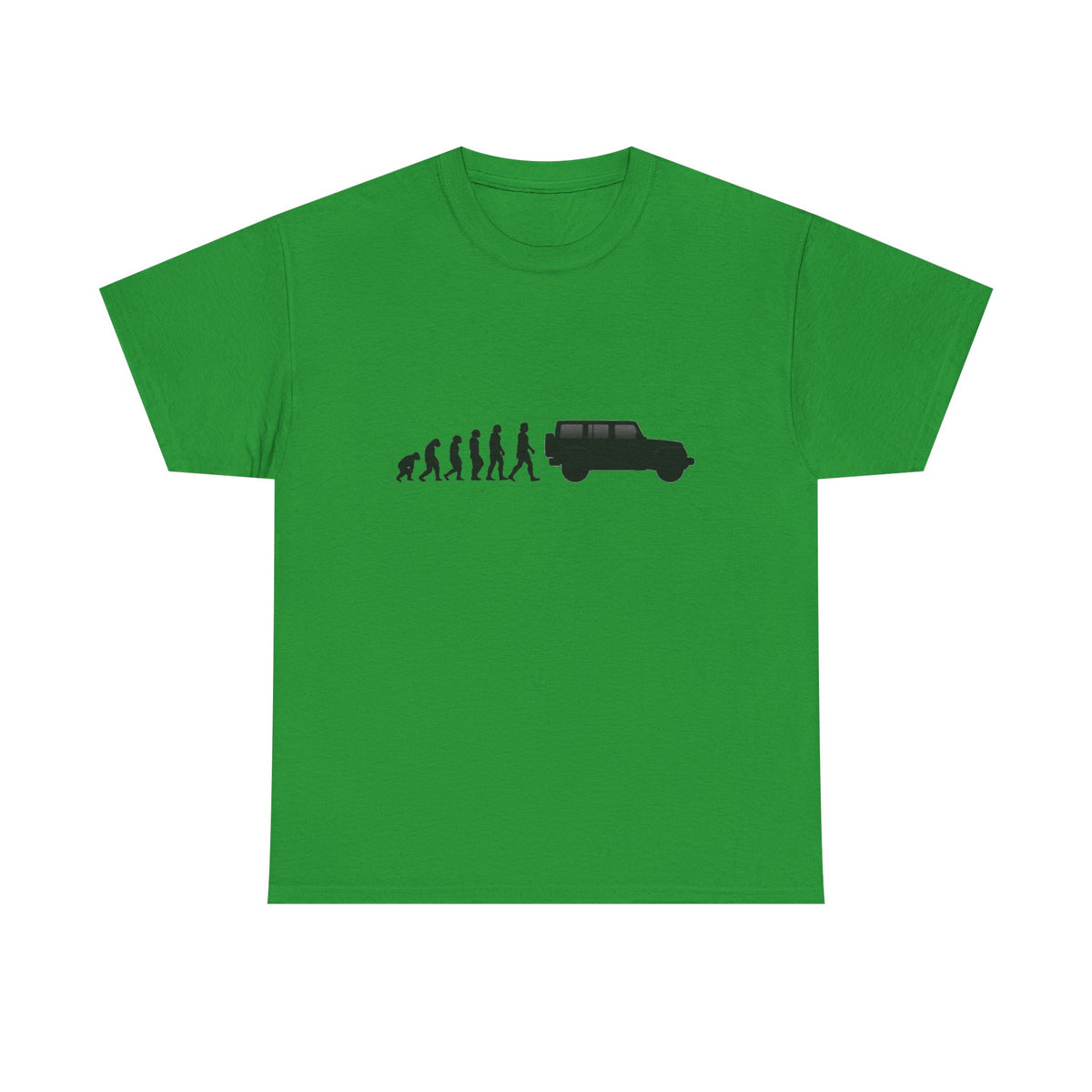 Jeep Wrangler t-shirt by From Stone To Steel, Irish Green: ape to human to Jeep Wrangler car evolution print