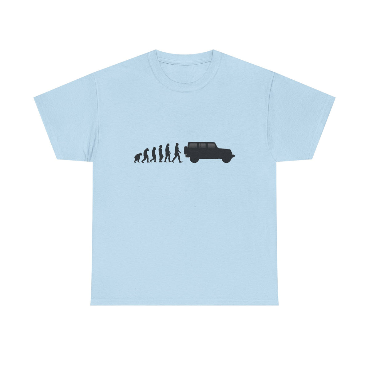 Jeep Wrangler t-shirt by From Stone To Steel, Light Blue: ape to human to Jeep Wrangler car evolution print