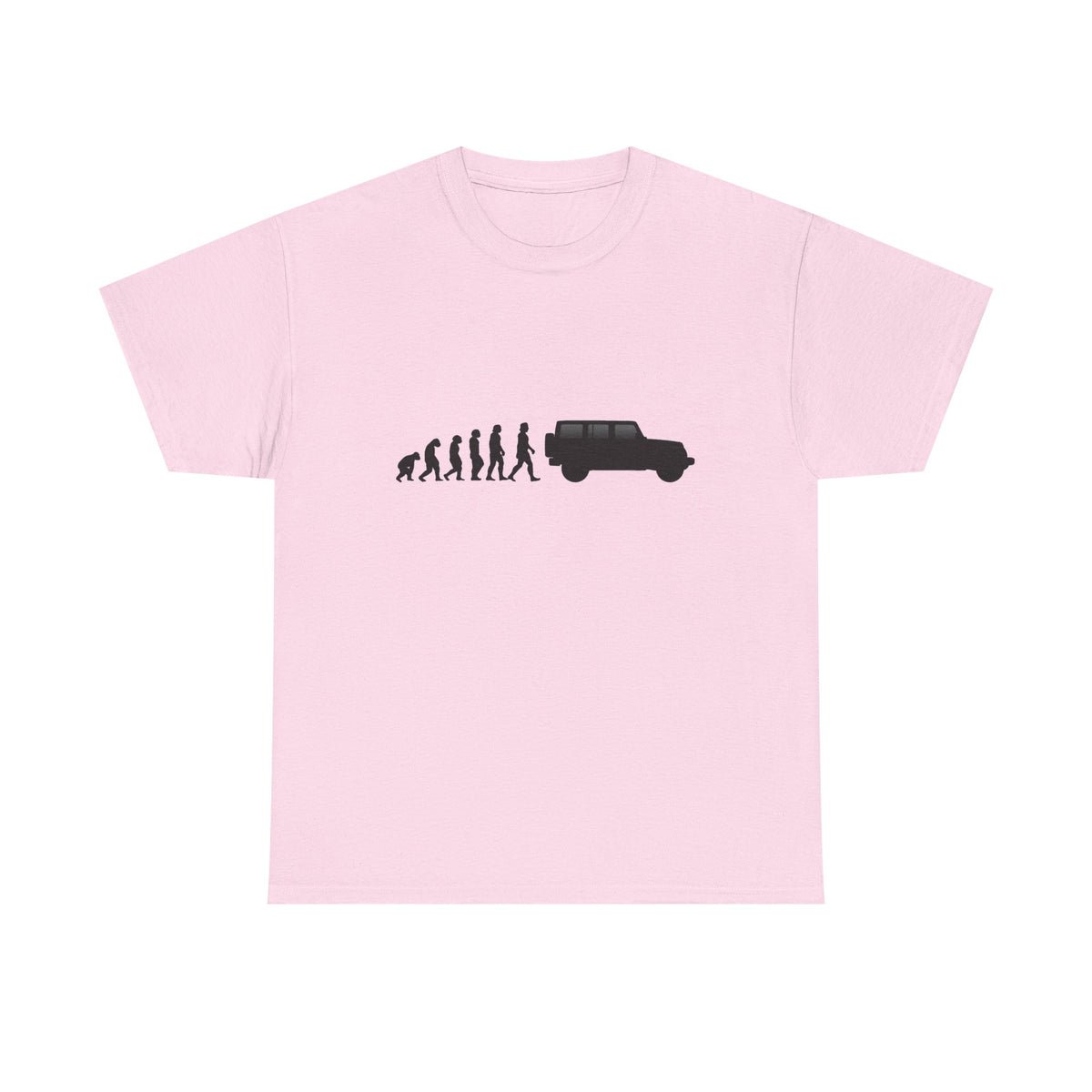 Jeep Wrangler t-shirt by From Stone To Steel, Light Pink: ape to human to Jeep Wrangler car evolution print