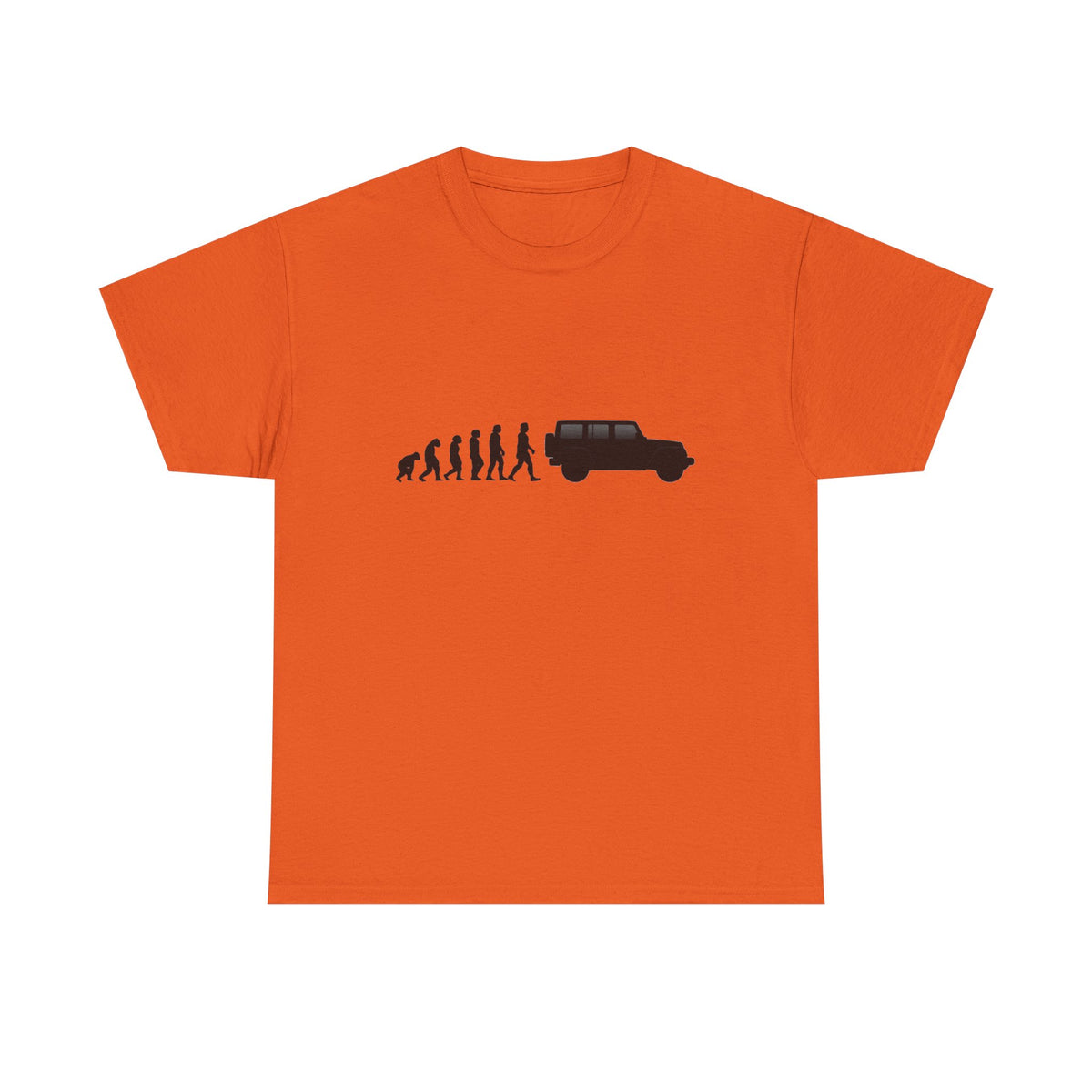 Jeep Wrangler t-shirt by From Stone To Steel, Orange: ape to human to Jeep Wrangler car evolution print