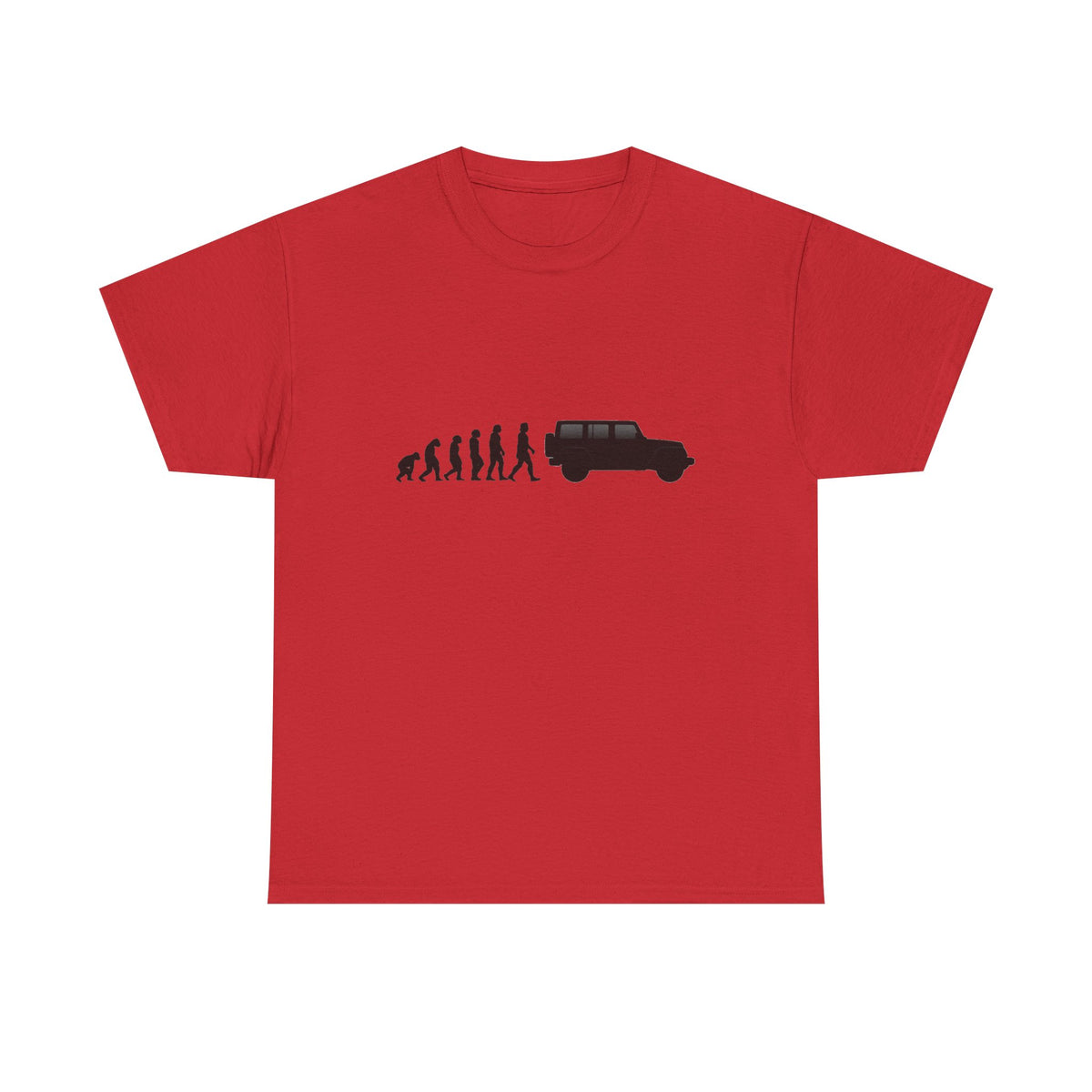 Jeep Wrangler t-shirt by From Stone To Steel, Red: ape to human to Jeep Wrangler car evolution print