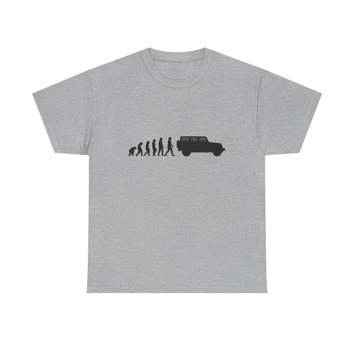 Jeep Wrangler t-shirt by From Stone To Steel, Sport Grey: ape to human to Jeep Wrangler car evolution print