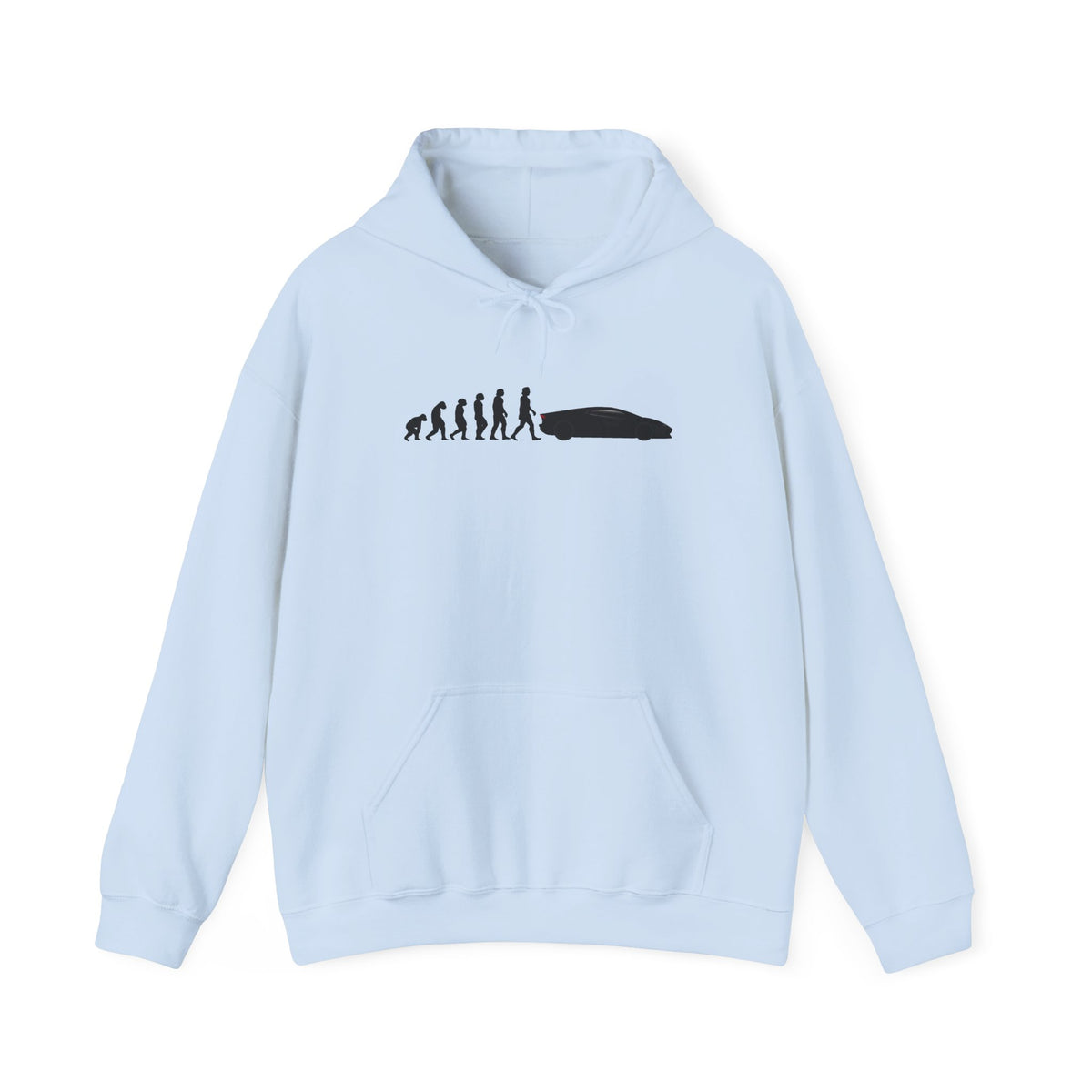 Lamborghini Aventador hoodie by From Stone To Steel, Light Blue: ape to human to Lamborghini Aventador car evolution print