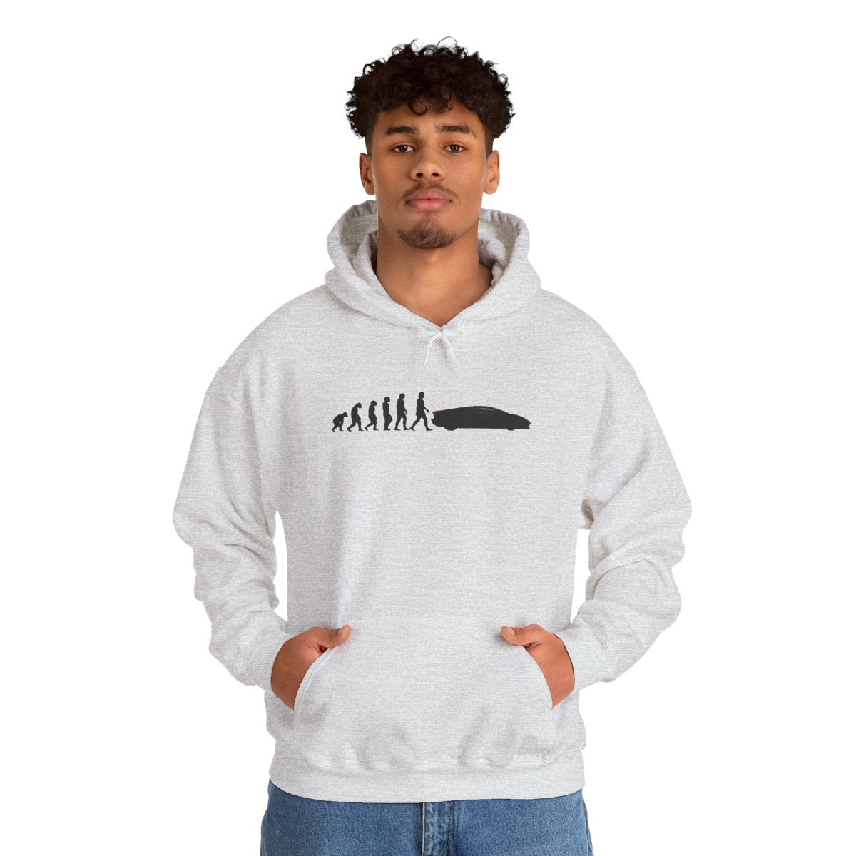 Lamborghini Aventador hoodie by From Stone To Steel, worn by a model: ape to human to Lamborghini Aventador car evolution print