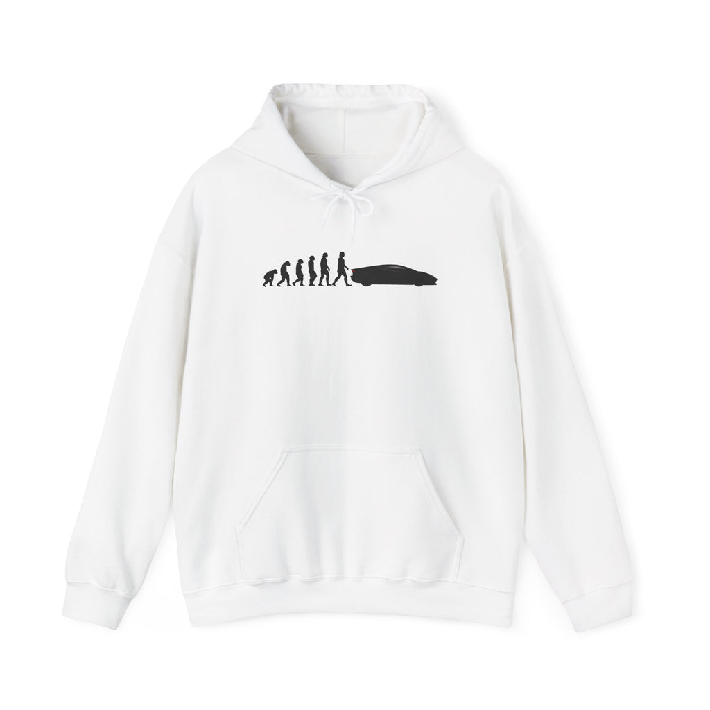 Lamborghini Aventador hoodie by From Stone To Steel, White: ape to human to Lamborghini Aventador car evolution print