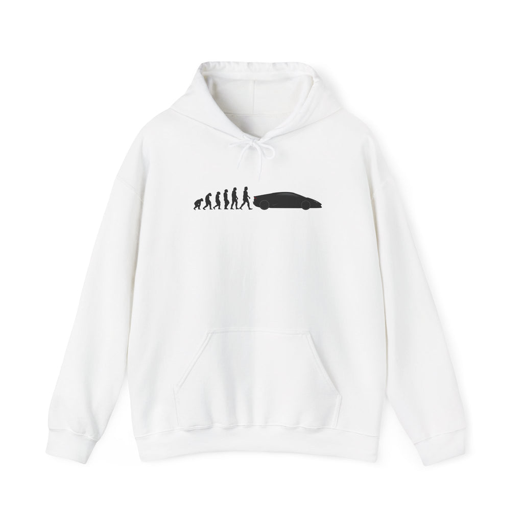Lamborghini Huracán hoodie by From Stone To Steel, White: ape to human to Lamborghini Huracán car evolution print