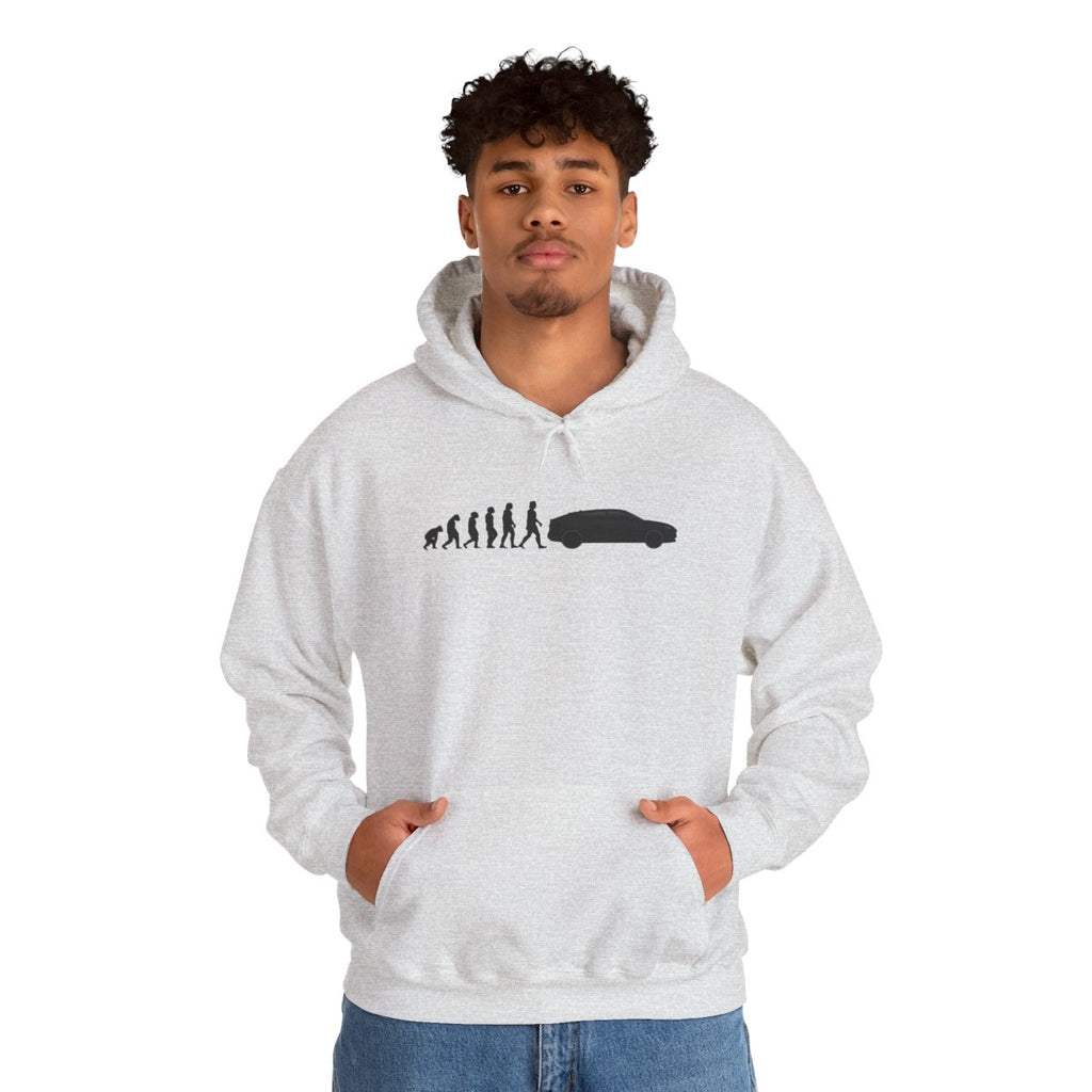Lamborghini Urus hoodie by From Stone To Steel, worn by a model: ape to human to Lamborghini Urus car evolution print