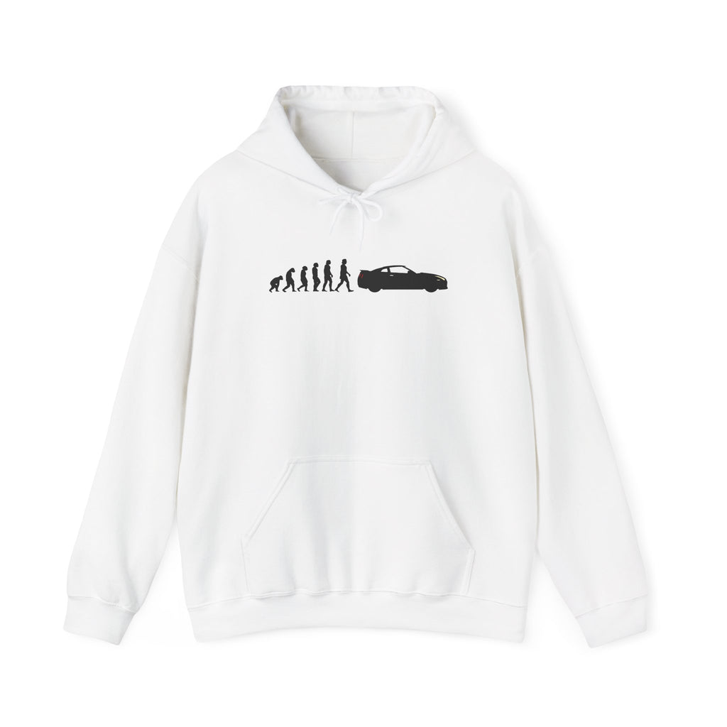 Nissan GT-R hoodie by From Stone To Steel, White: ape to human to Nissan GT-R car evolution print