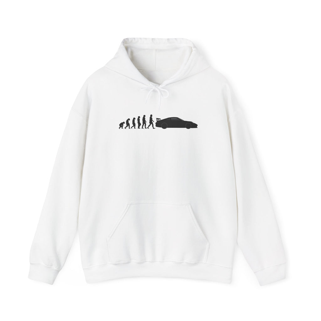 Porsche 911 GT3 hoodie by From Stone To Steel, White: ape to human to Porsche 911 GT3 car evolution print