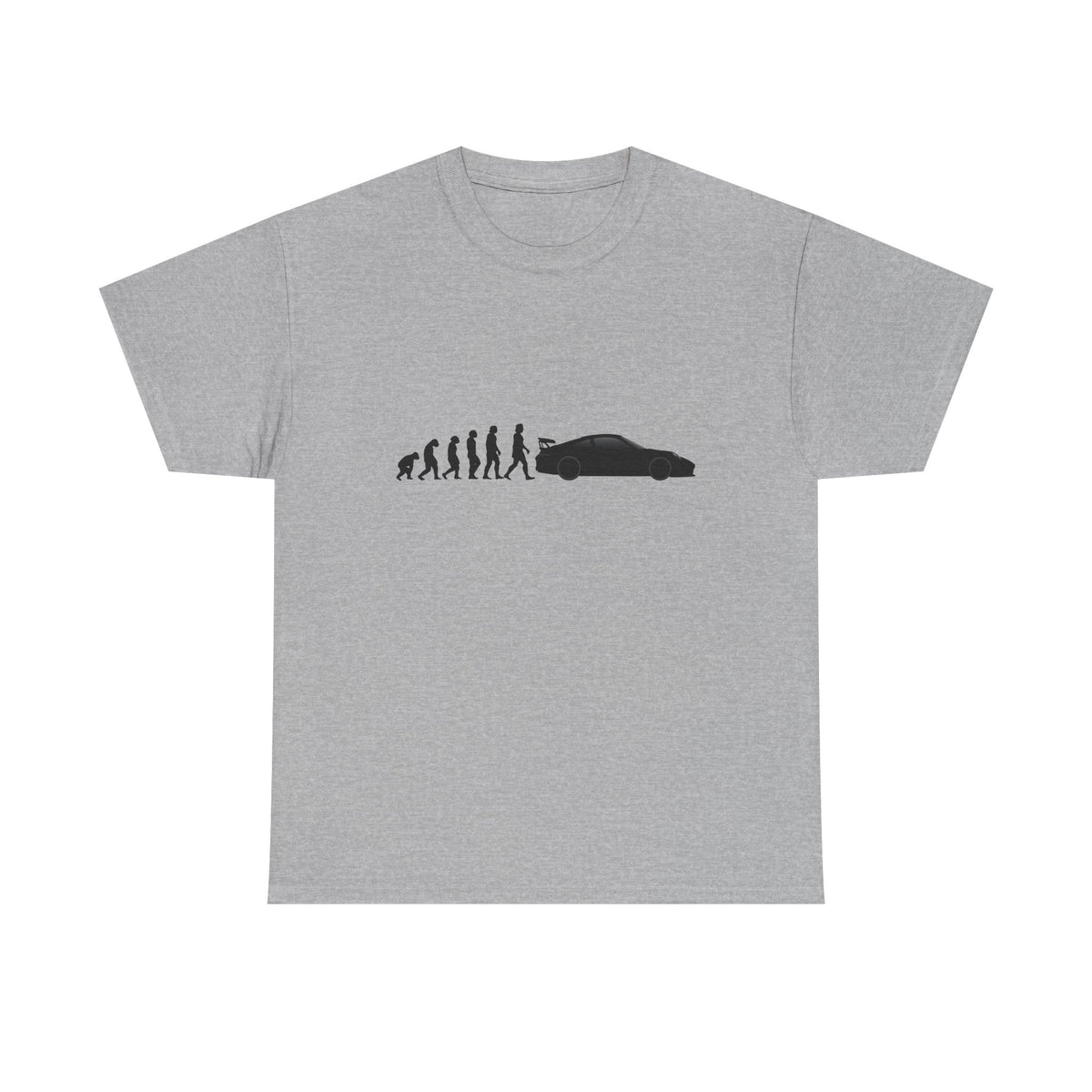 Porsche 911 GT3 t-shirt by From Stone To Steel, Sport Grey: ape to human to Porsche 911 GT3 car evolution print